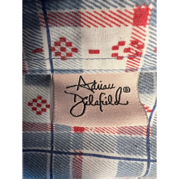 Adrian Delafield Blouse M Button Up short sleeve pocket plaid red whit blue - Picture 11 of 11